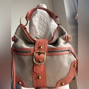 RAFE handbag. Chic linen, gold hardware and coral trim. Perfect condition.